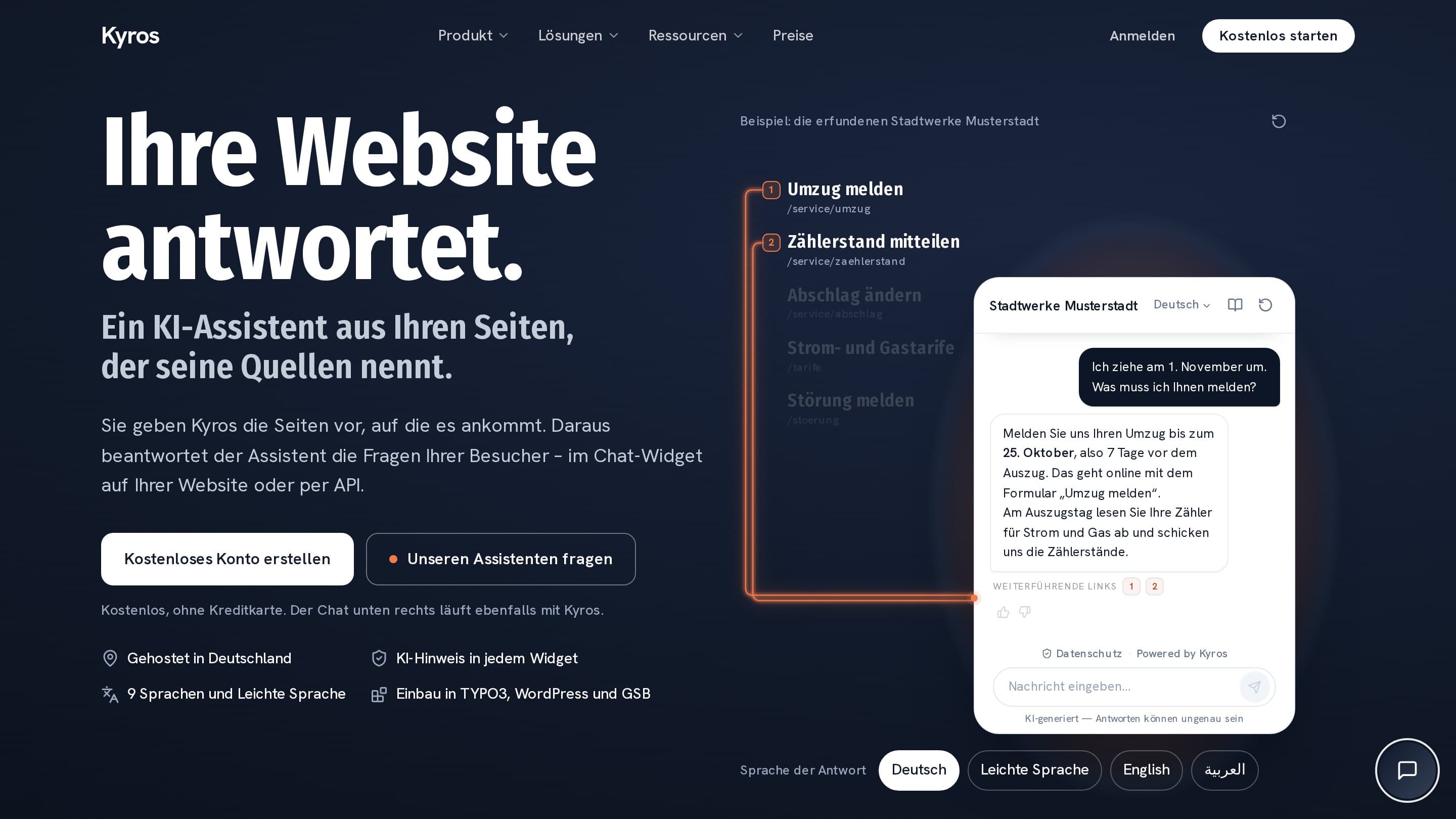 Startseite von Kyros: „Ihre Website antwortet. Ein KI-Assistent aus Ihren Seiten, der seine Quellen nennt.“ Daneben ein Chat-Beispiel mit Quellenangaben.